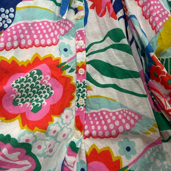 Boden Whimsical Colorful Floral Bird Print Tie Waist Shirt Midi Dress - Picture 11 of 11